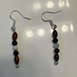 Black Onyx, mother of Pearl and wood beads with silver accents earrings.